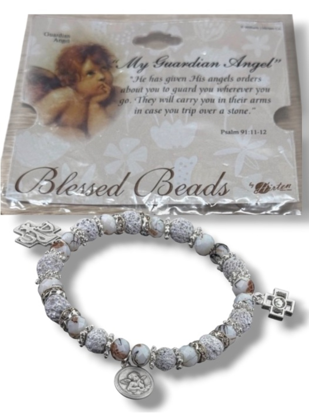 My Guardian Angel Blessed Beads Rosary White Bracelet with Metal Charms 9605WT
